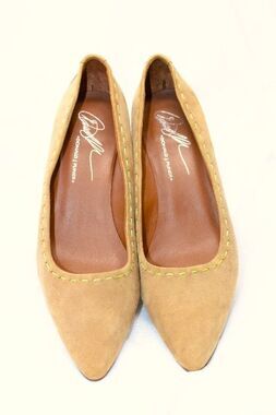 Donald J Pliner EDDI Sz 7.5M Beige Suede w/Lime Stitch Wedge Heel Dress Slip-Ons